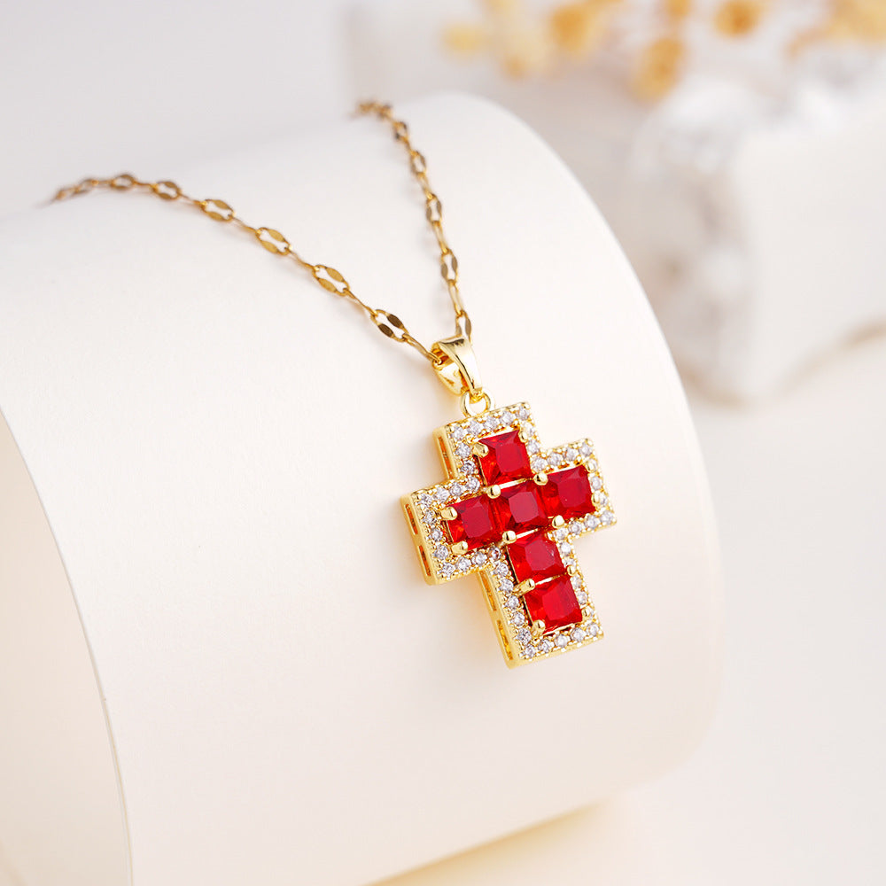 Wholesale copper inlaid colorful zircon cross pendant necklace