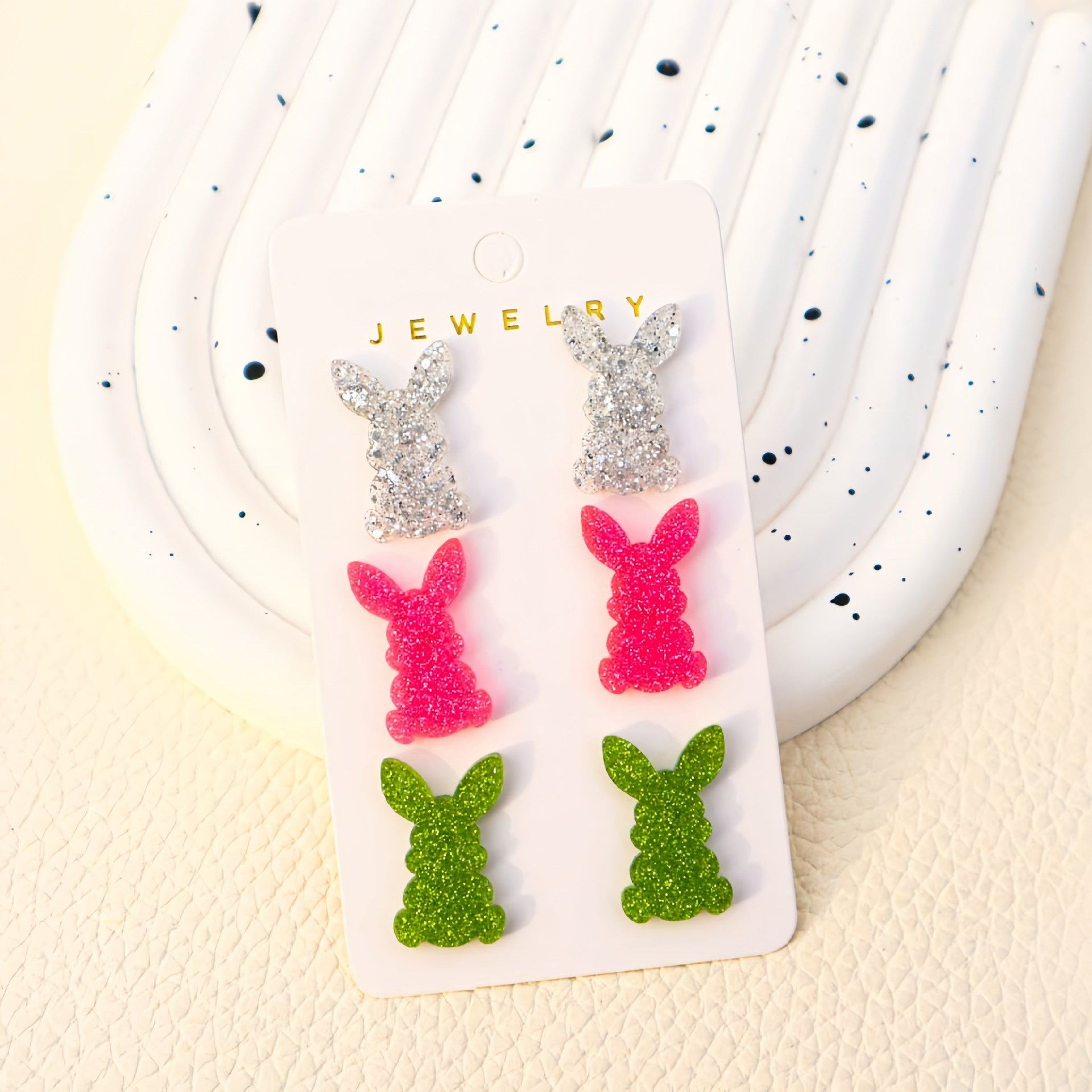 Wholesale Easter Bunny Set of Three Pair of Multicolor Rainbow Girls' Heart Cute Acrylic Earrings