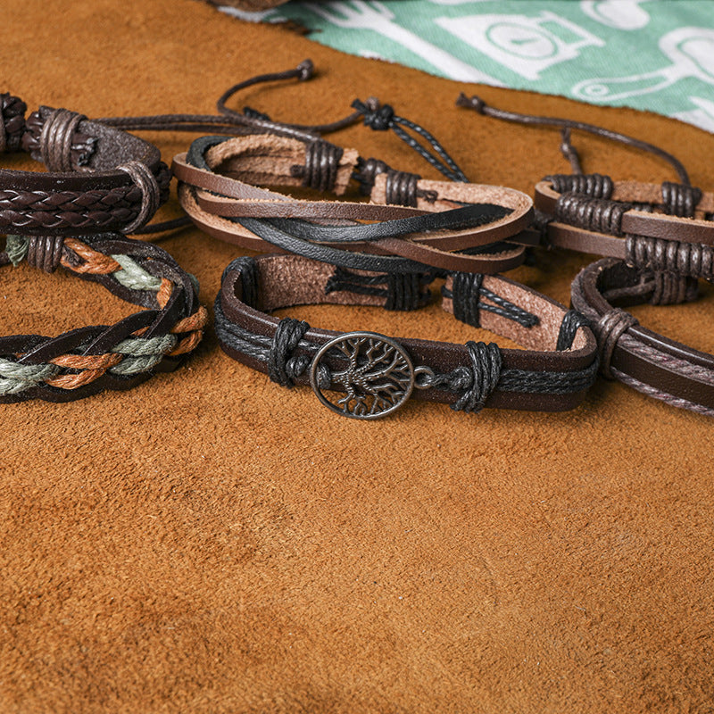 Wholesale Braided  Tree of Life Multilayer Genuine Leather Men's Bracelet