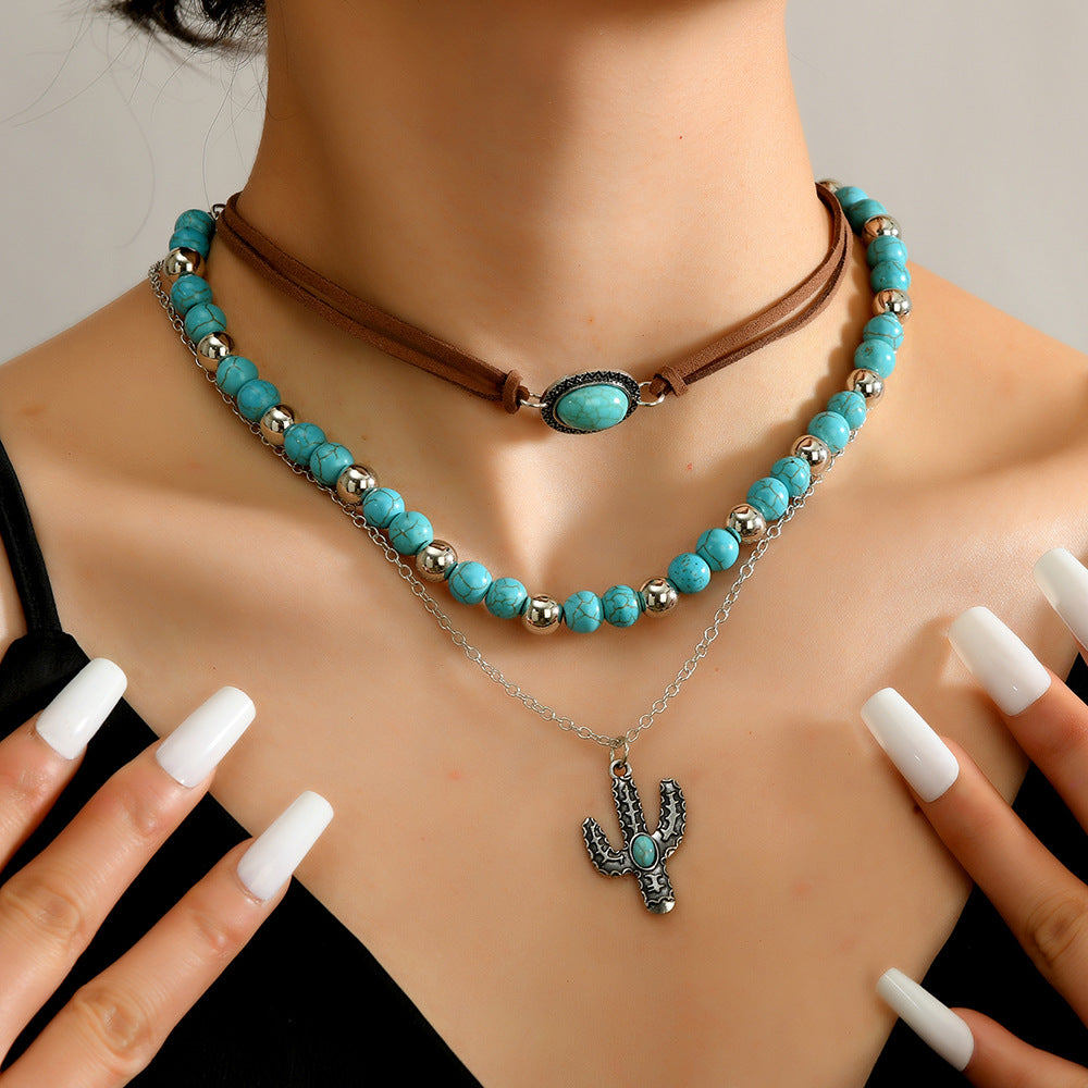 Wholesale Necklace Western Style Cactus Cattle Head Hat Turquoise Flannel Neck Chain
