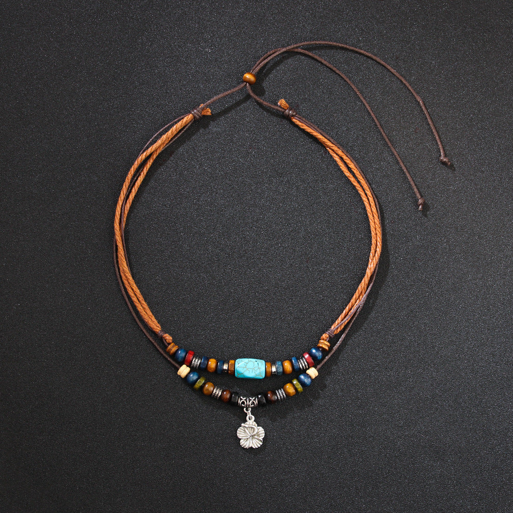 Wholesale Blue Pine Paraffin Rope Vintage Small Flower Alloy Necklaces