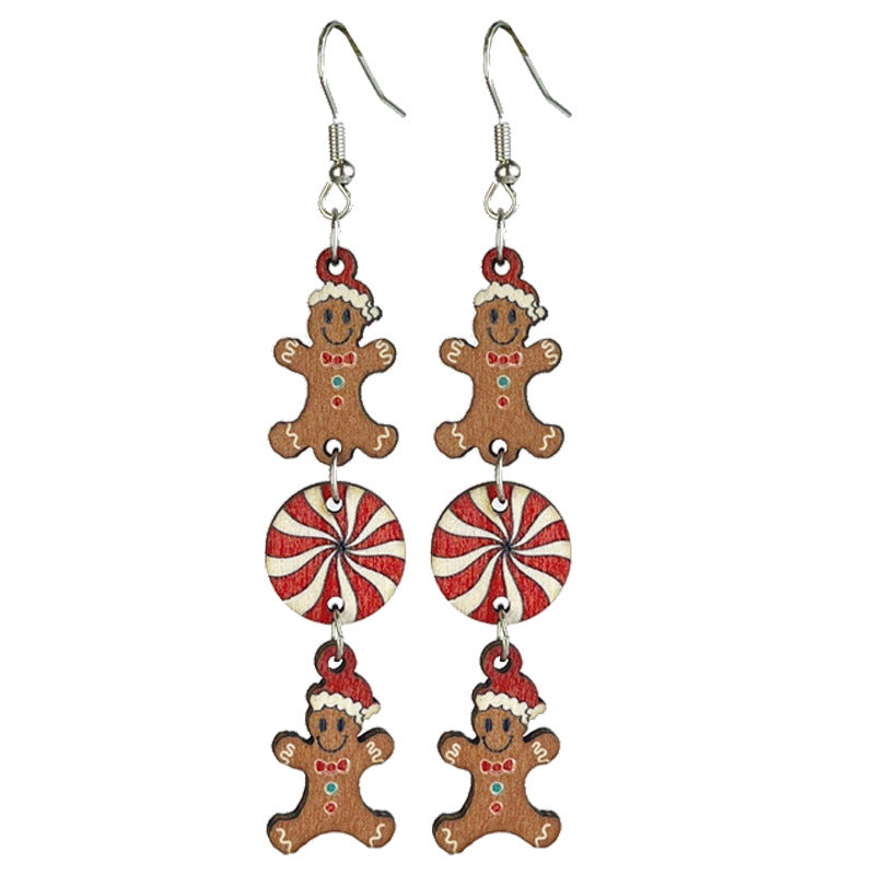 Wholesale 2pairs/pack Christmas Wooden Gingerbread Man Christmas Tree Snowman Atmosphere Fawn Drop Earrings