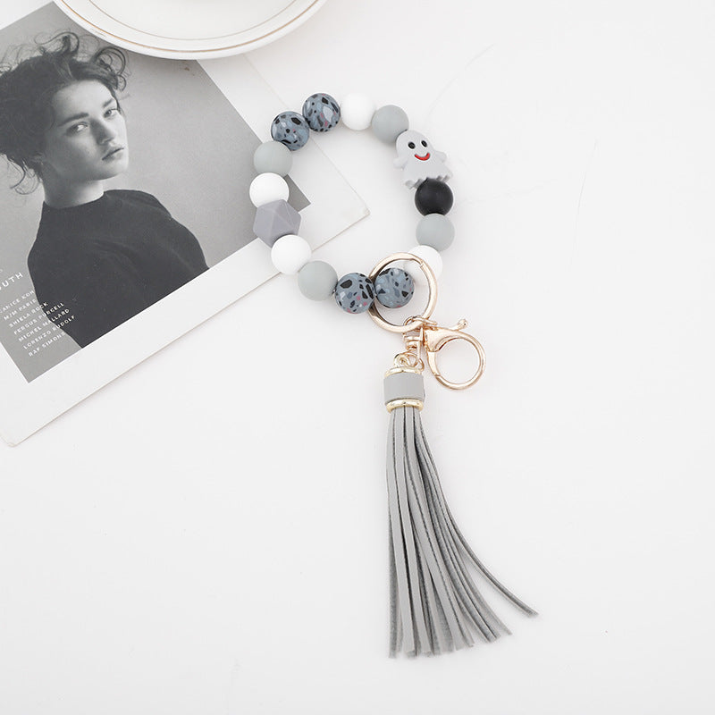 Wholesale 10PCS Silicone Bead Bracelets with Tassel Wood Beads Keychains