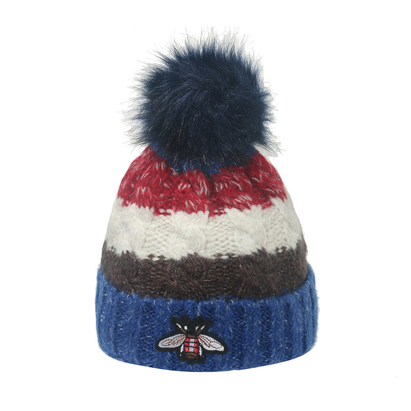 Wholesale Autumn and Winter Thickened Warm Striped Bee Knitted Hat for Women