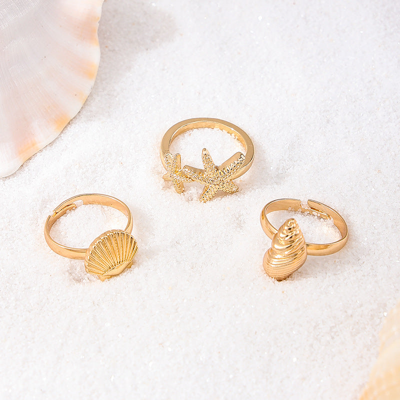 Wholesale 3-piece vintage ocean metal starfish shell conch open holiday style Ring Set