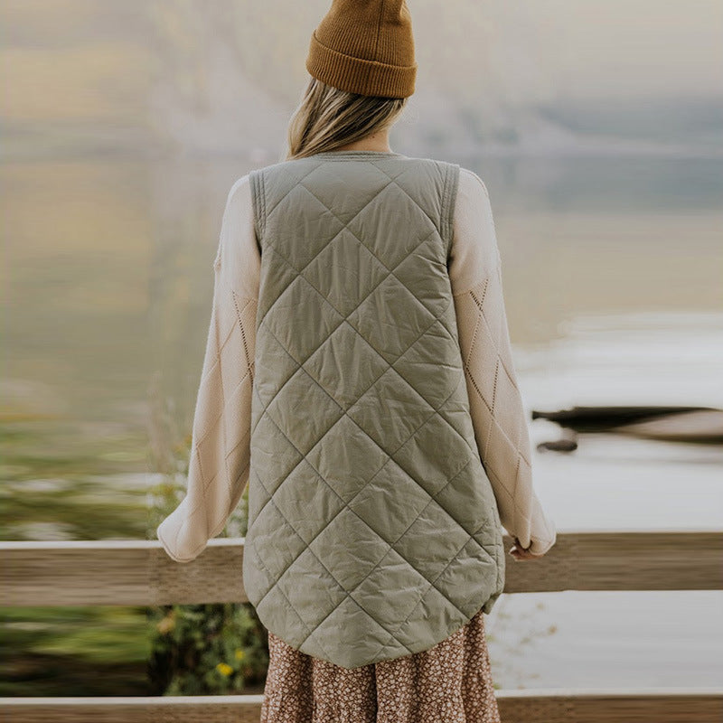 Wholesale Autumn and Winter Solid Color Long Style with Pockets for Women Polyester Vest