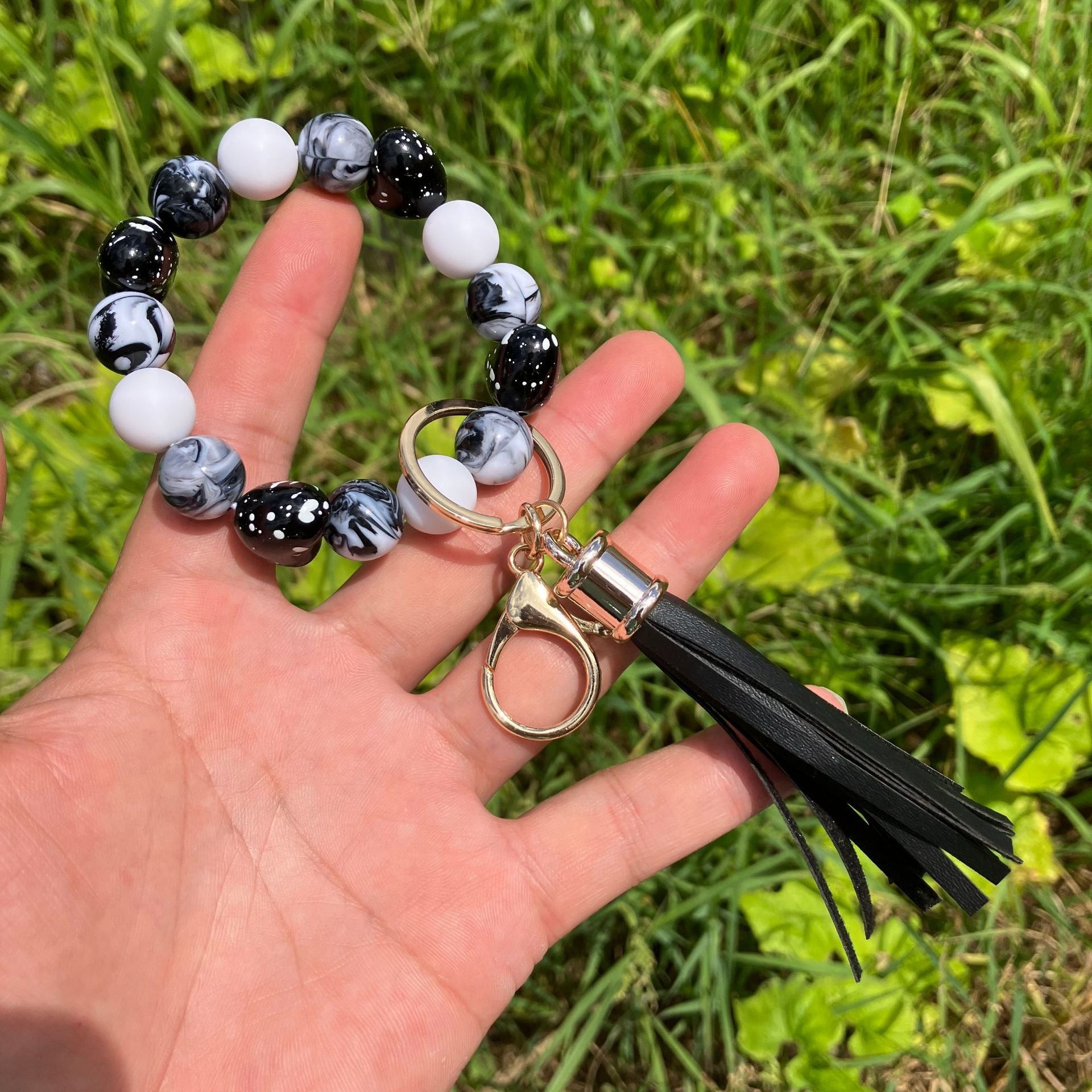 Wholesale Colorful Beaded Heart Printed Tassel Bracelet Keychain