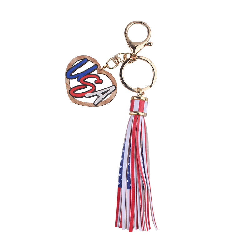 Wholesale American Independence Day Wooden Sign Tassel Keychain