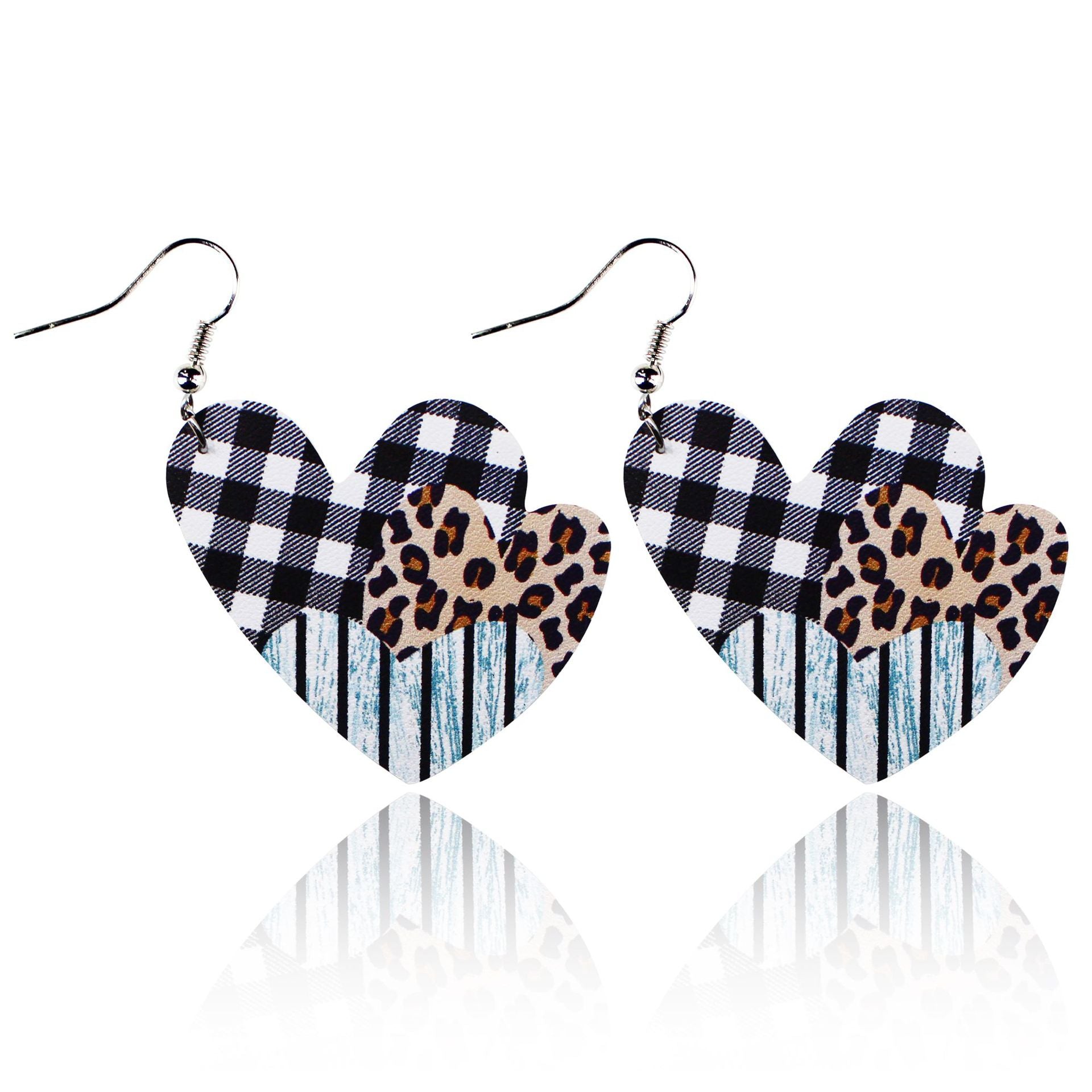 Wholesale Valentine's Day Red and Black Plaid Stripe Tie Dyed Leopard Heart Double Sided Leather Earrings