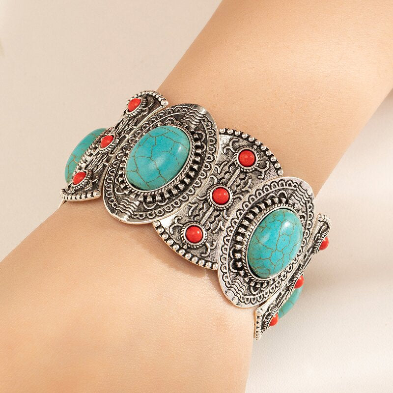 Wholesale Bohemian fashion hollow bracelet textured retro turquoise bracelet