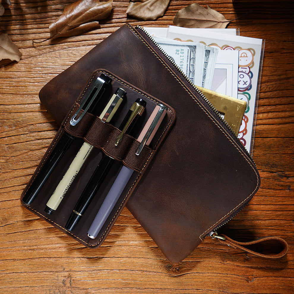 Wholesale Cowhide Zipper Crazy Horse Leather Multi-functional Zipper Pencil Case