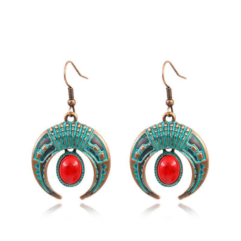 Wholesale Bohemian Crescent Moon Inlaid Turquoise Earrings Wooden Pendant Necklace Set