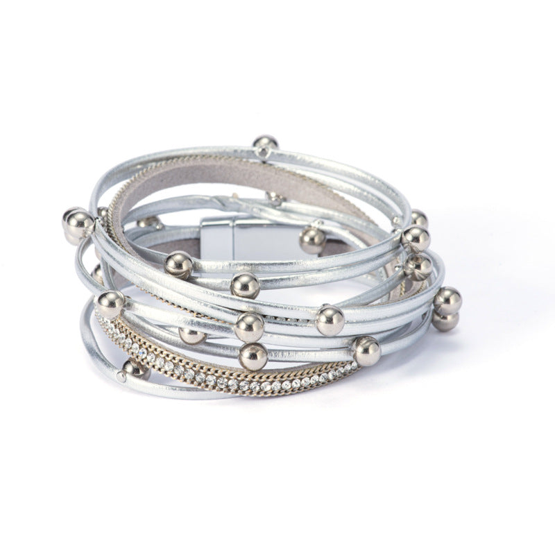 Wholesale  Two-Ring Beaded Leather Bracelet Multi-Layer Leather Bracelet Women' s