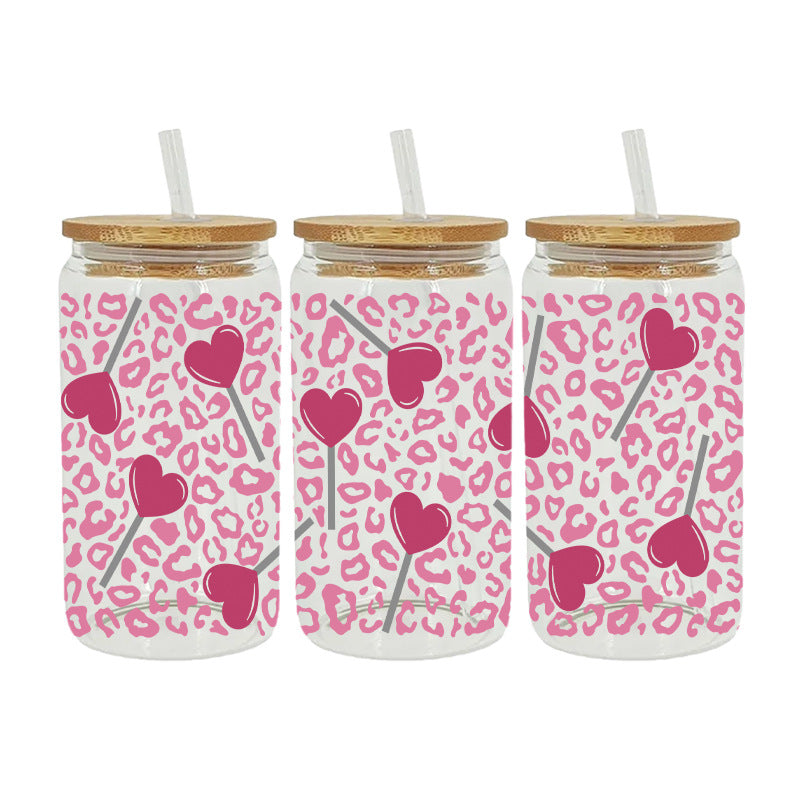 Wholesale Pink Cartoon Heart Valentine' s Day 16oz Cup UV DTF Wraps