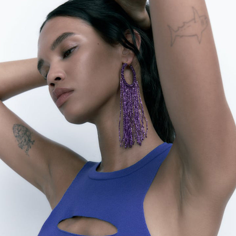 Long tassel earrings and colorful rice bead earrings