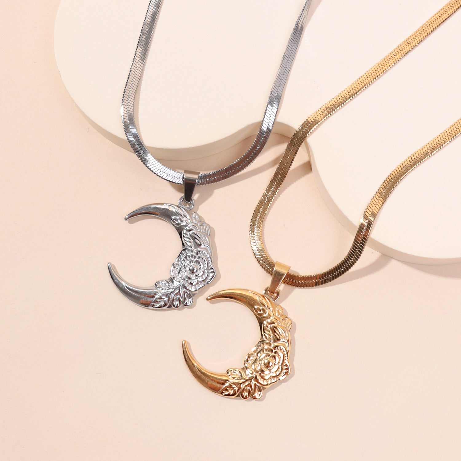 Wholesale Stainless Steel Moon Pendant Flat Snake Chain Necklace