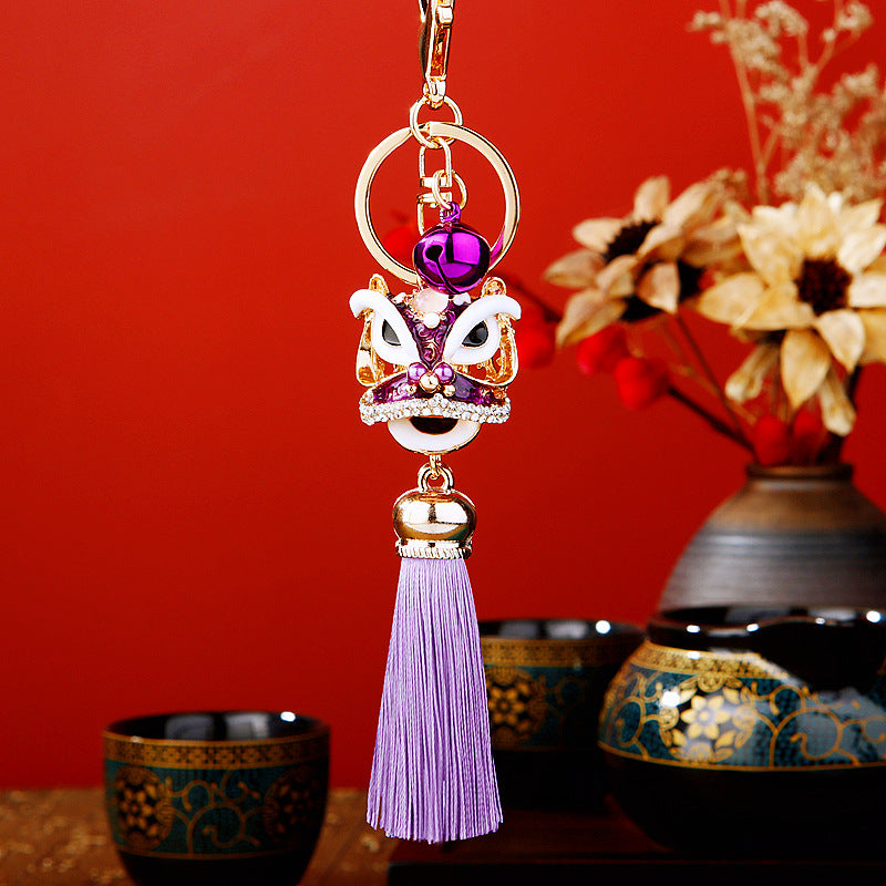 Wholesale Metal Chinese Style Lucky Lion Head Tassel Car Keychain Sapphire Blue Rhinestone Gift For Men Women