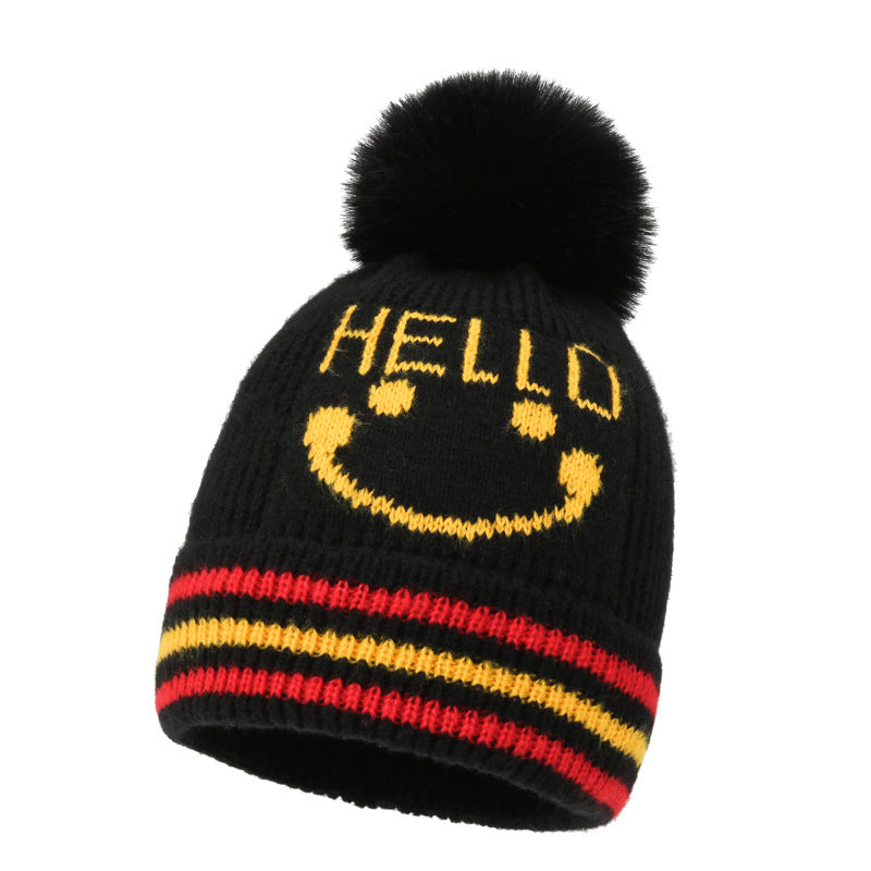 Wholesale 2023 Children's Hat Cartoon Smiling Face Plus Velvet Thickened Cotton Woolen Hat