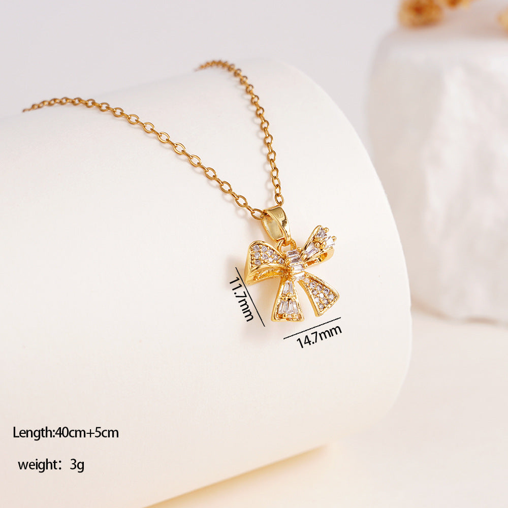 Wholesale Copper Inlaid Zircon Bow Pendant Luxury Versatile Stainless Steel Clavicle Necklace Jewelry