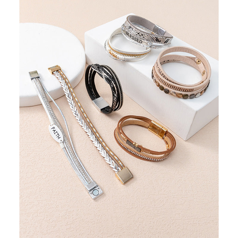 Wholesale Punk style magnetic buckle multi-layer wristband Layered Bracelet Set