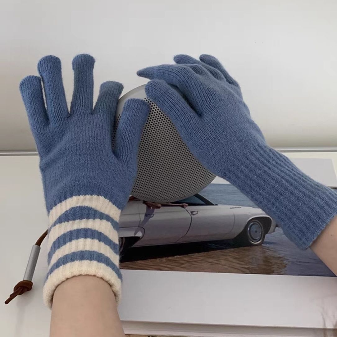 Wholesale Winter AB Version Striped Knitted Fingerless Touch Screen Cycling Warm Wool Gloves