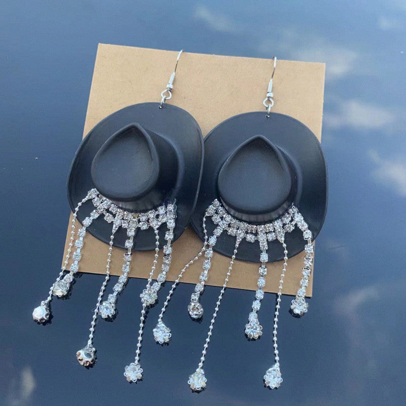 Wholesale Western Style Cowboy Hat Shiny Tassel Earrings