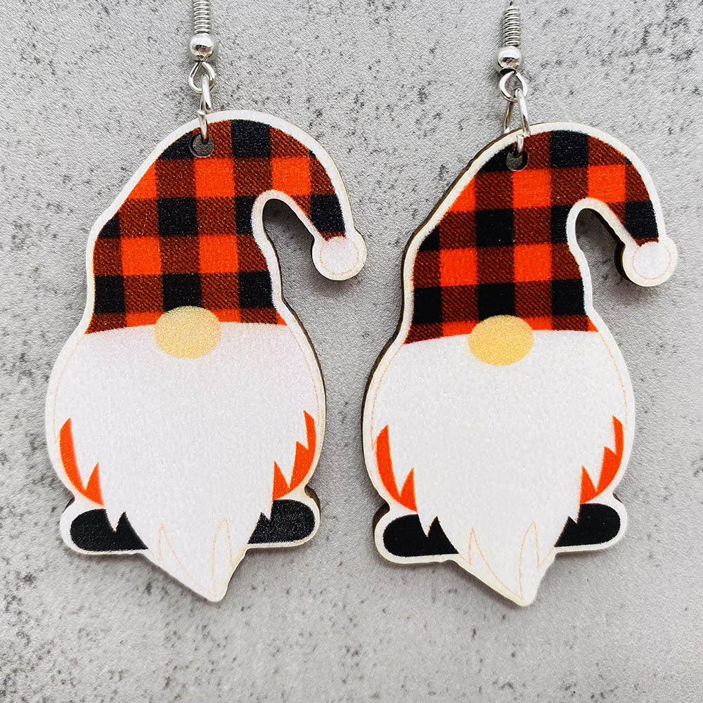 Wholesale Christmas red plaid dwarf wood earrings