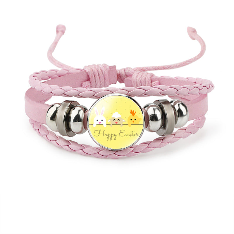 Wholesale Easter Rabbit Time Gemstone Pink Leather Multi Layer Woven Bracelet