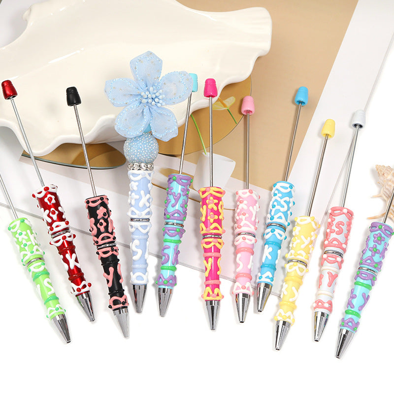 Wholesale 5pcs/pack Creative DIY Hand-Painted Beaded Pen Heavy Craft Painted Cream Cute Ballpoint Pen Multi-Color Rotating Ballpoint Pen