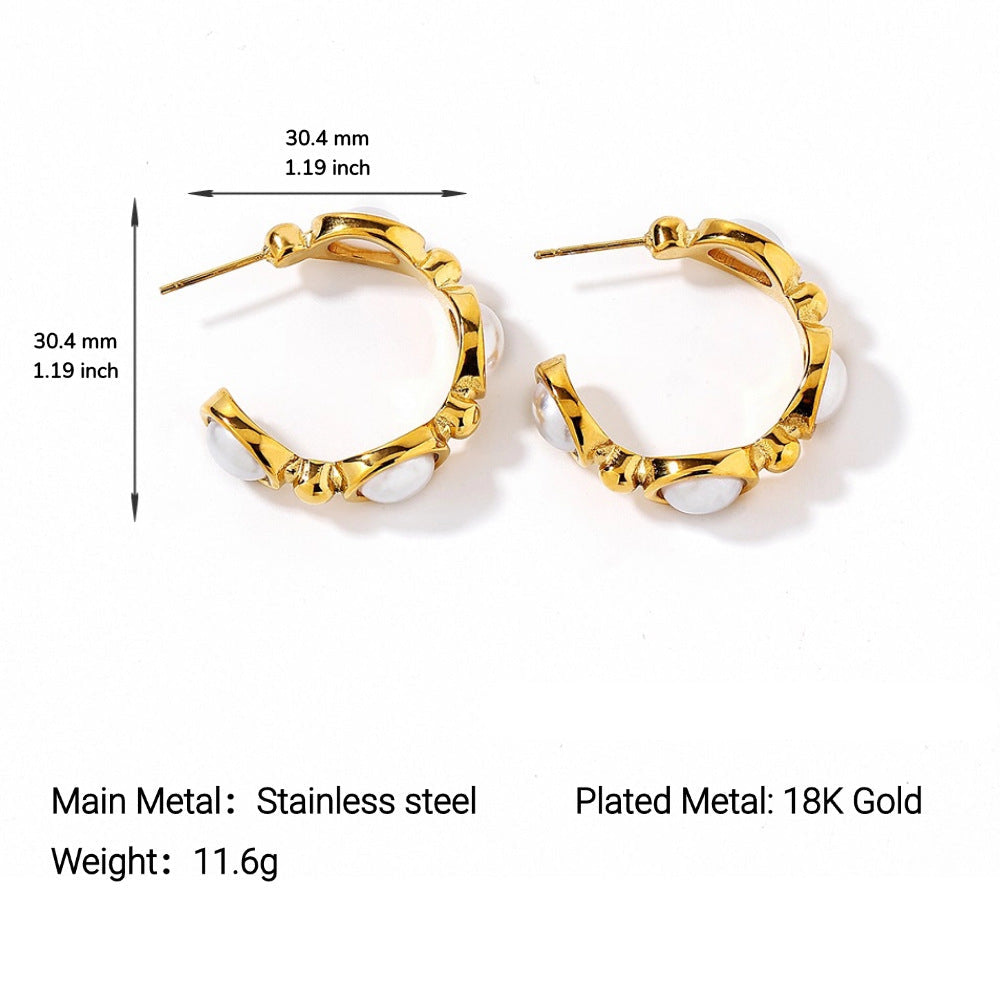 Wholesale Large C-shaped Stainless Steel Earrings with Imitation Pearls