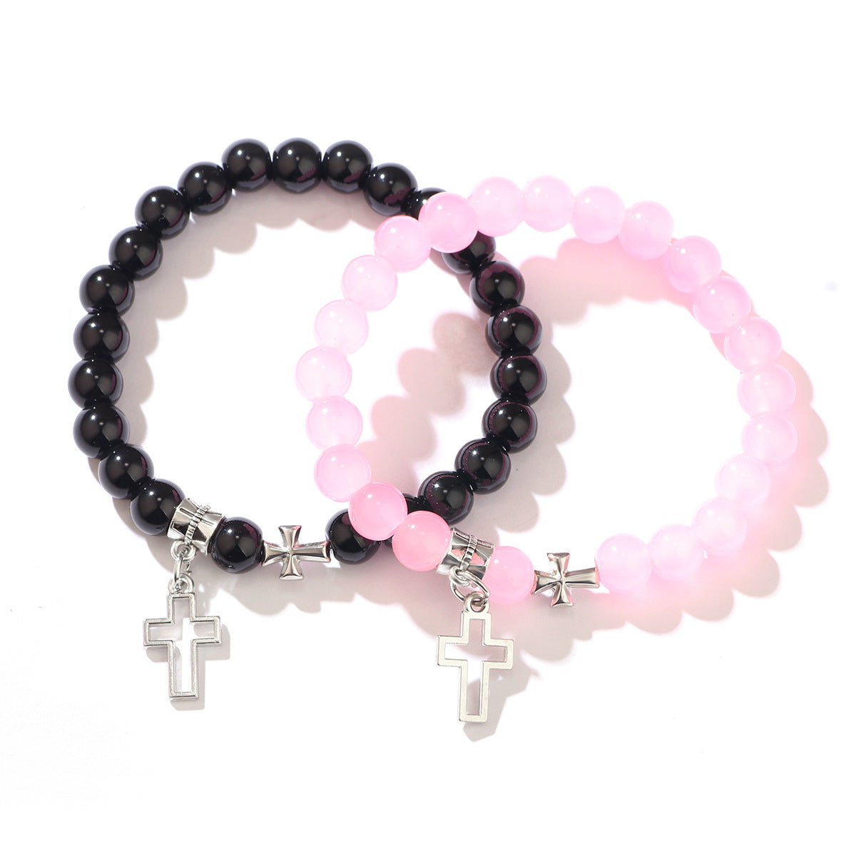 Wholesale Stainless Steel Hollow Cross Glass Beaded Bracelet
