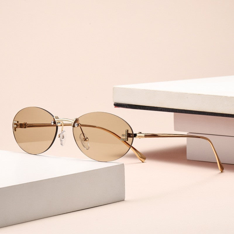 Wholesale Letter frameless diamond inlaid oval frame sunglasses
