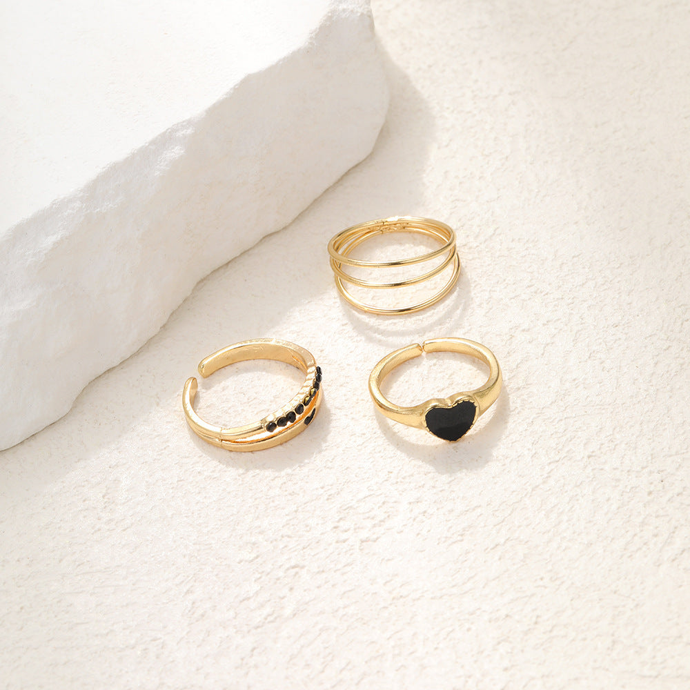 Wholesale Zinc Alloy Black Drop Oil Heart Ring Set of Three Pieces