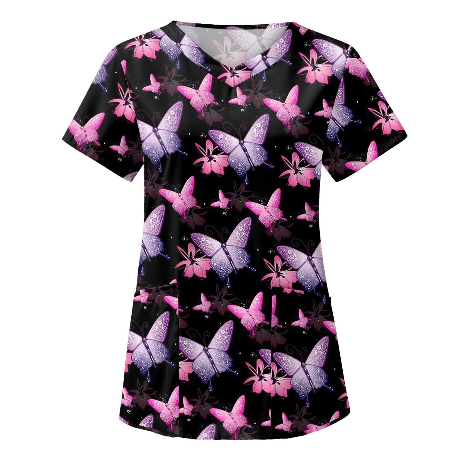 Wholesale Women's 3D Printed V-neck Pocket Polyester Short Sleeved Work Clothes