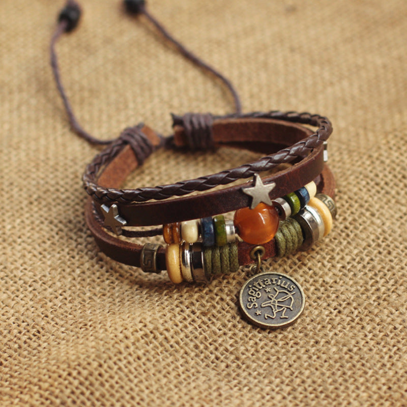 Wholesale Twelve Constellation Agate Punk Vintage Rivet Jewelry Multi-layer Bracelet