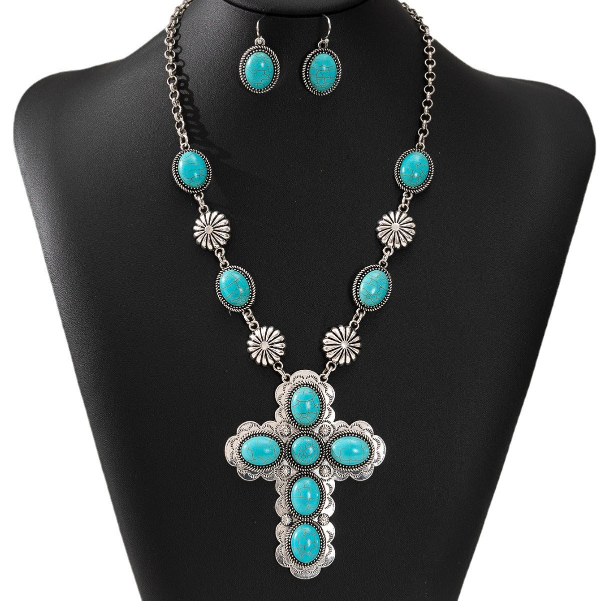 Wholesale Vintage Fashion Cross Turquoise Necklace Earrings