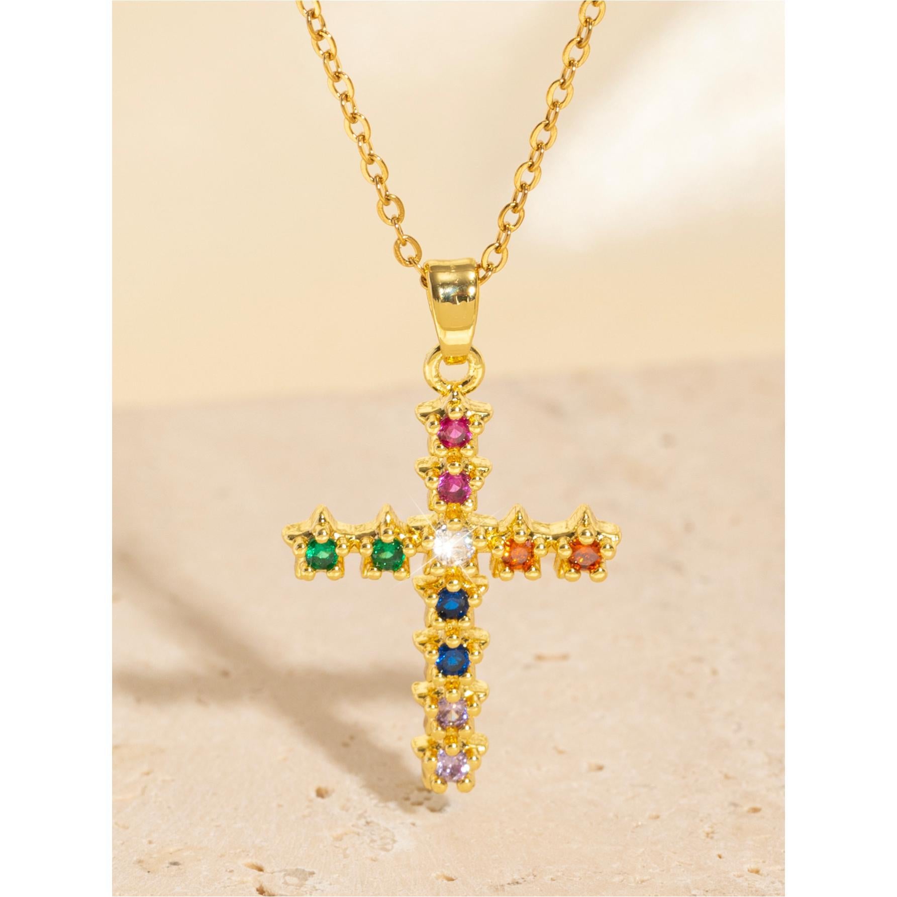 Wholesale Simple Color Zircon Star Cross Necklace Pendant All-match Niche Elegant  Clavicle Chain for Women