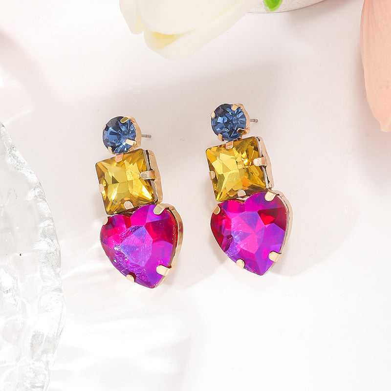 Wholesale Colored Diamond Geometric Heart Alloy Earrings