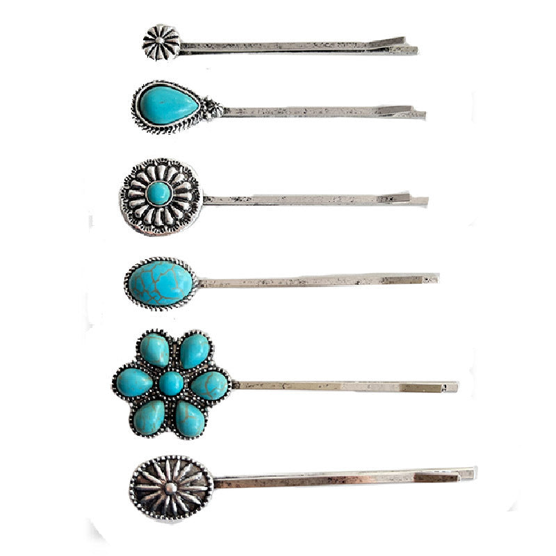 Wholesale Retro turquoise alloy flower western style hairpin