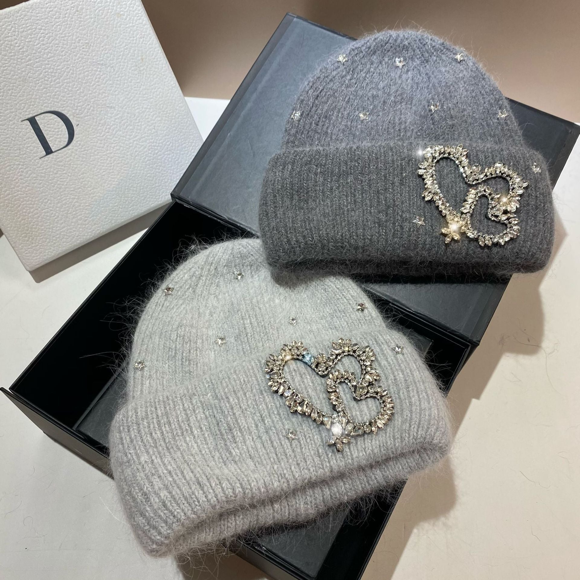 Wholesale Heavy Industry Rhinestone Heart Rabbit Fur Earmuff Knitted Hat