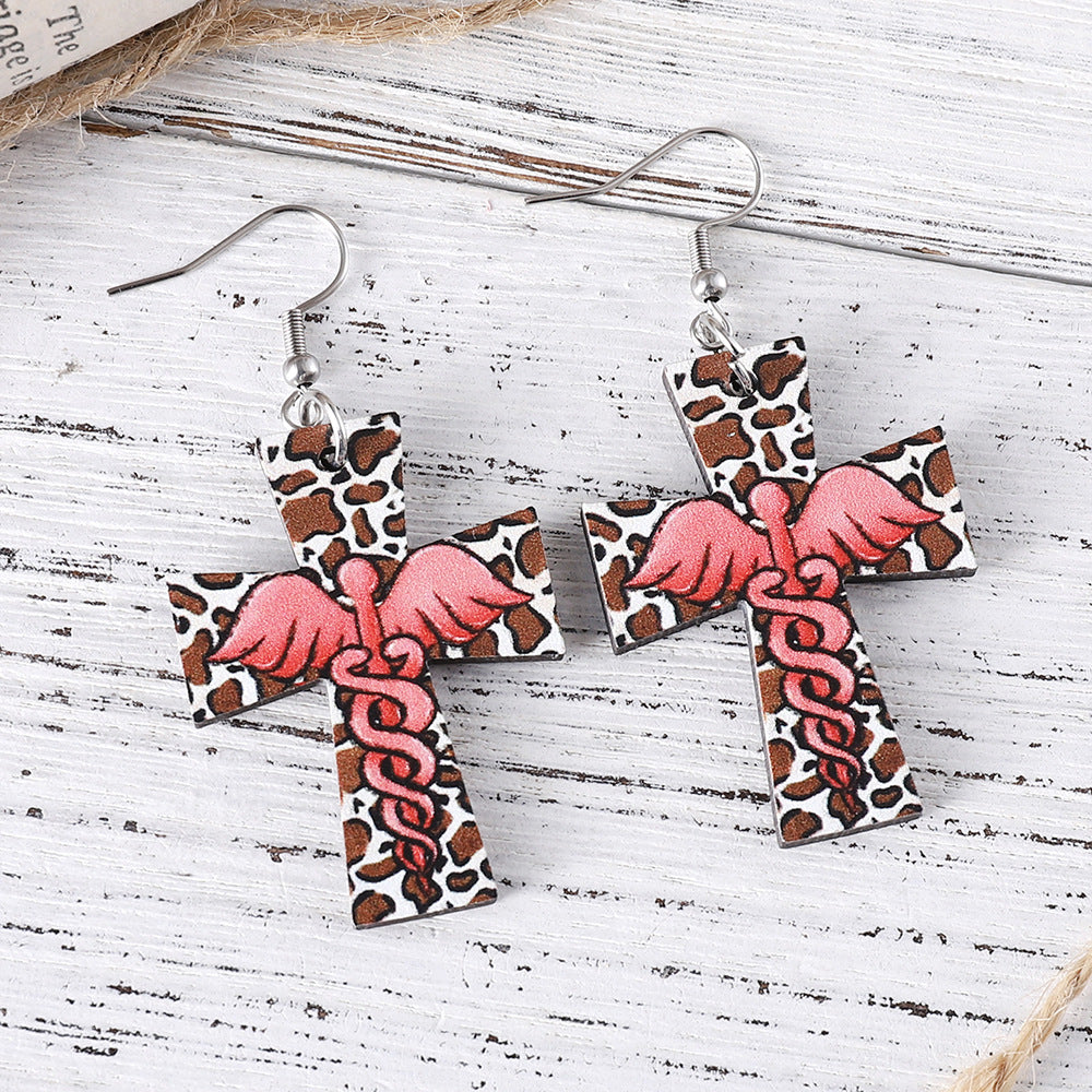 Wholesale Cross Leopard Angel Pendant Earrings Double-sided Earring Gift