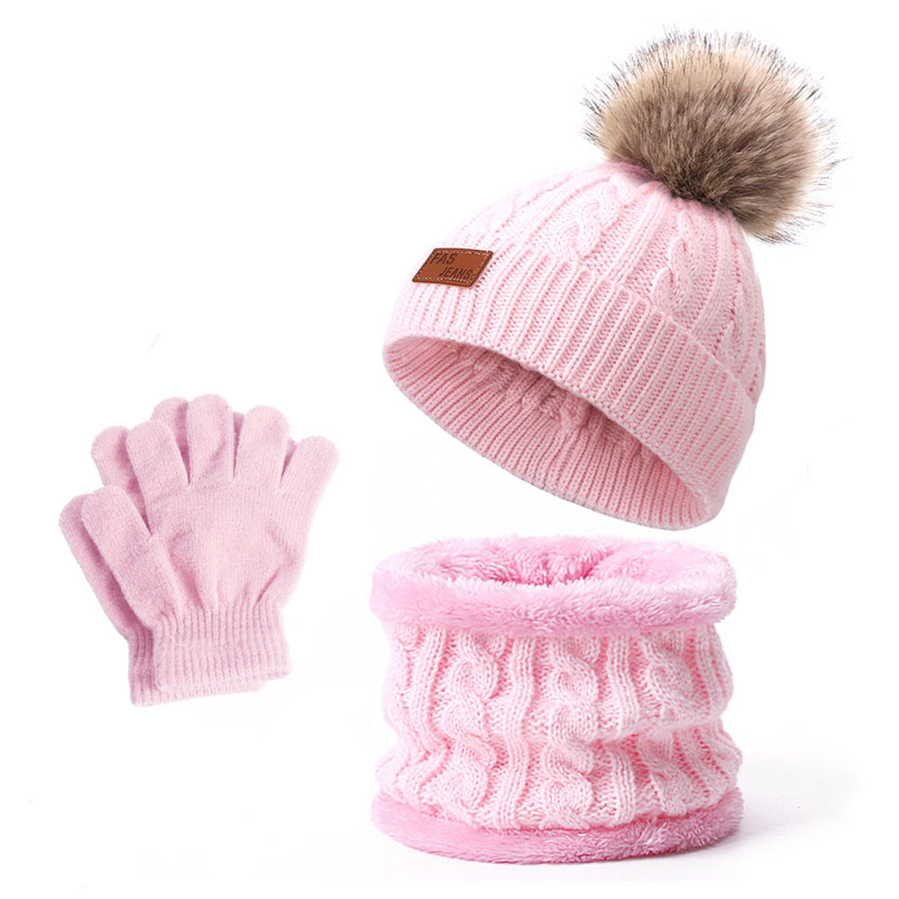Wholesale Winter Baby Infant Child Warm Plus Velvet Thickened Scarf Pompom Hat Two-piece Set