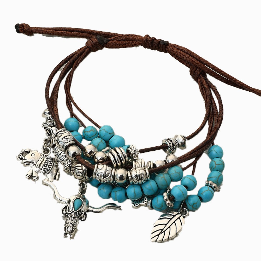 Wholesale Ethnic Bohemian Turquoise Bull Head Elephant Leaf Handmade Multi-layer Bracelet