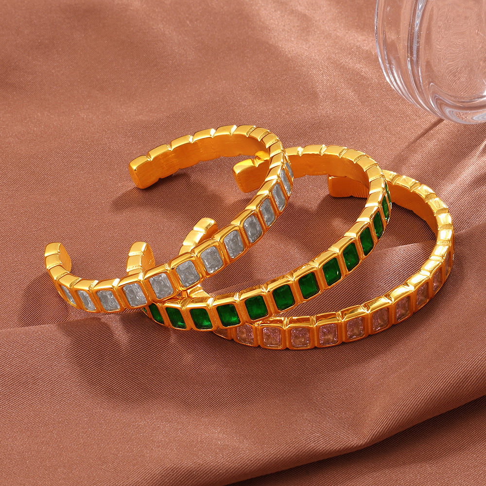 Wholesale Stainless Steel C Shape Open Bangle Bracelet With Multicolor Zircon Stones Retro Stackable Design For Everyday Wear And Gift