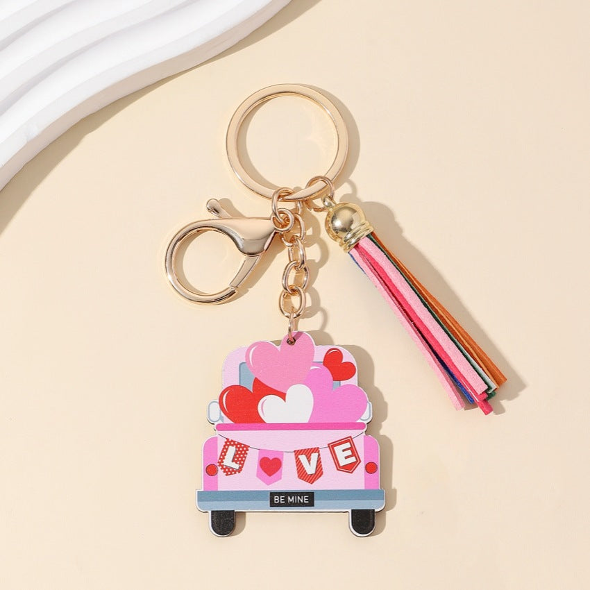 Wholesale Valentine's Day Love Truck Tassel Wooden Keychain
