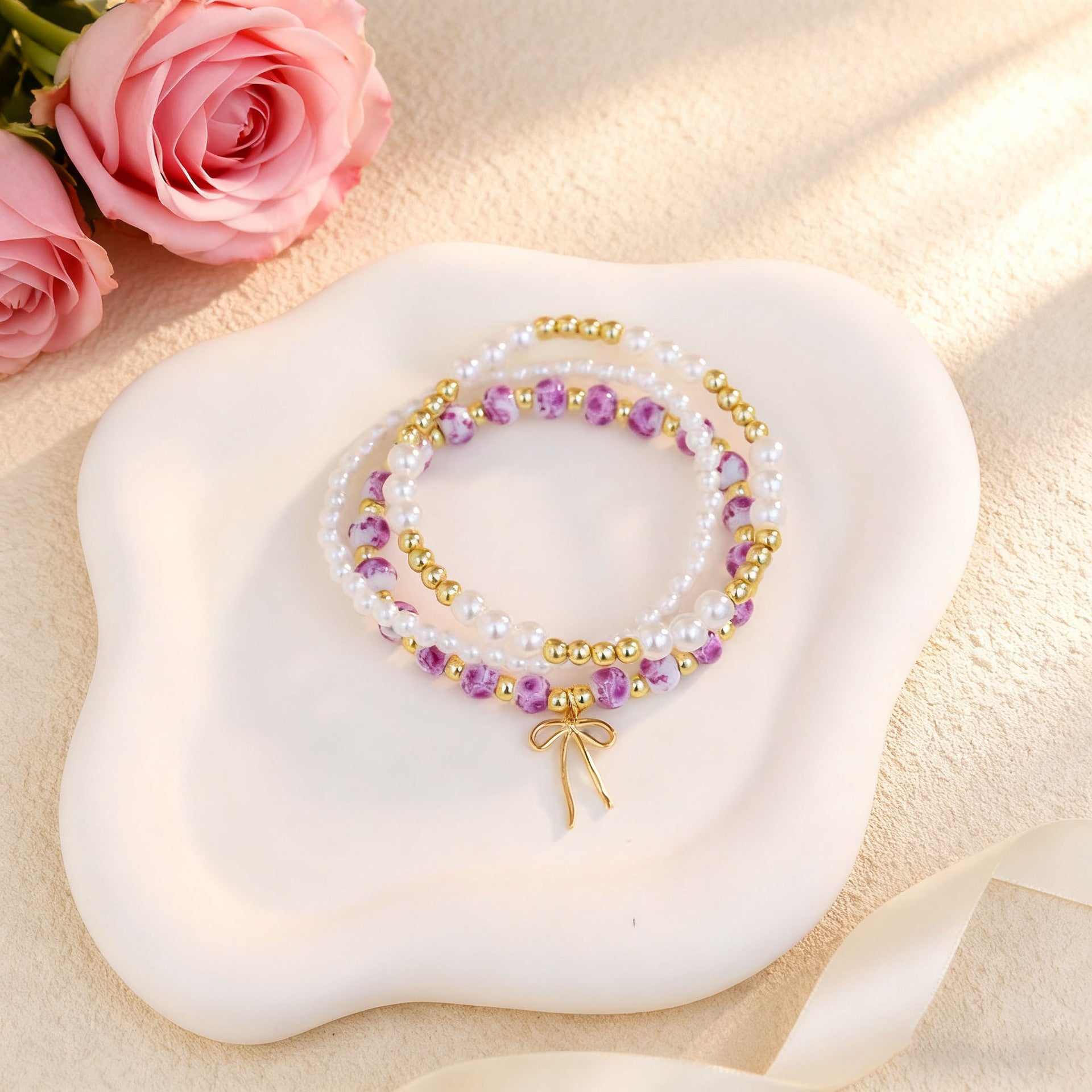 Wholesale Bohemian Blue and White Porcelain Bow Layered Bracelet Set