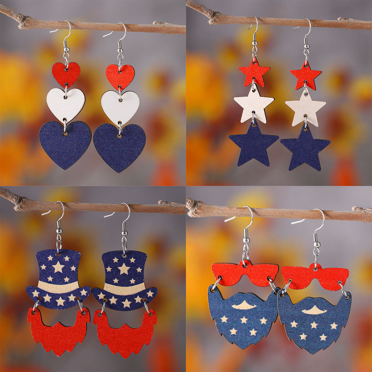Wholesale Independence Day red White Blue Flag Color Love star wooden earrings
