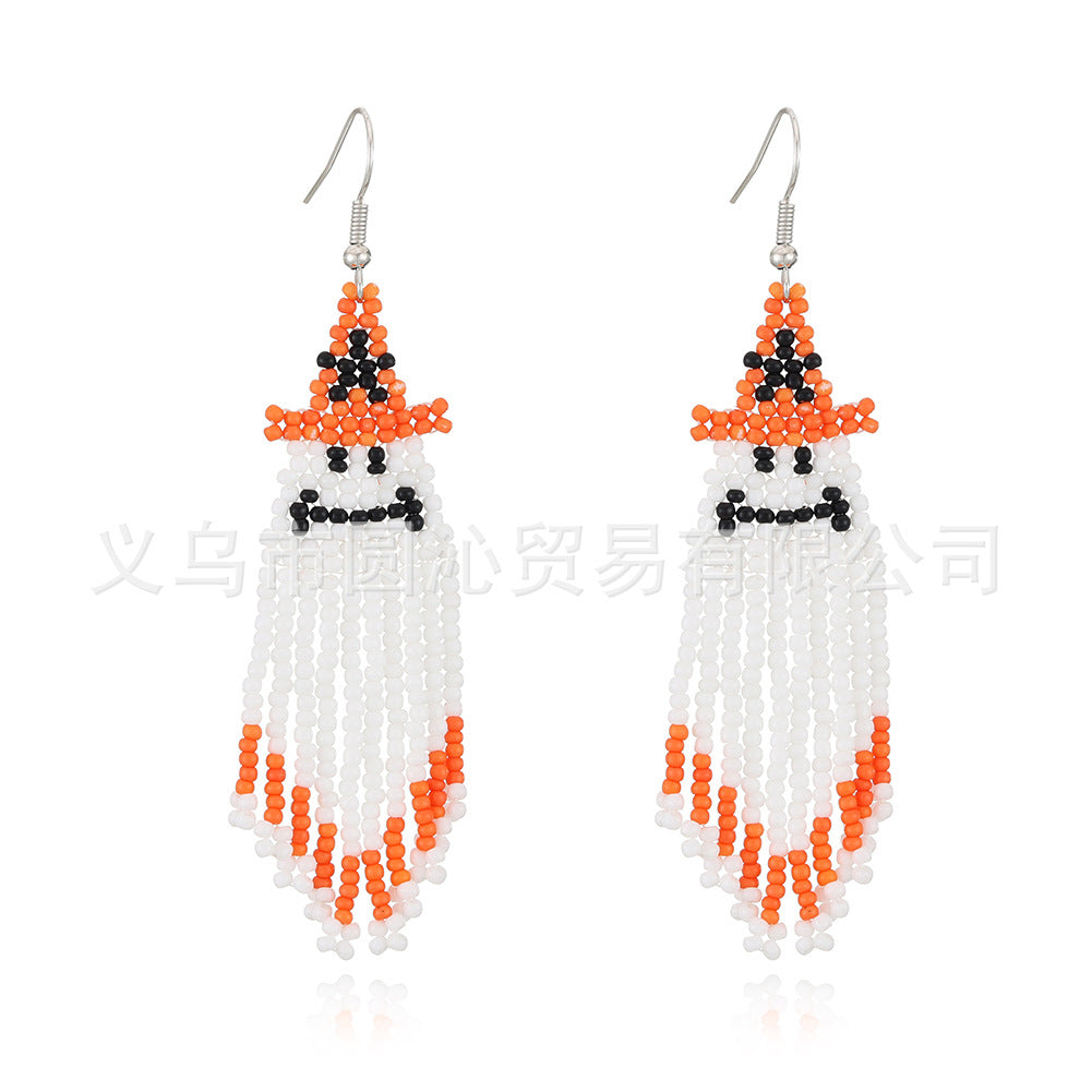 Wholesale Halloween Creative Skull Ghost Handmade Rice Bead Tassel Earrings
