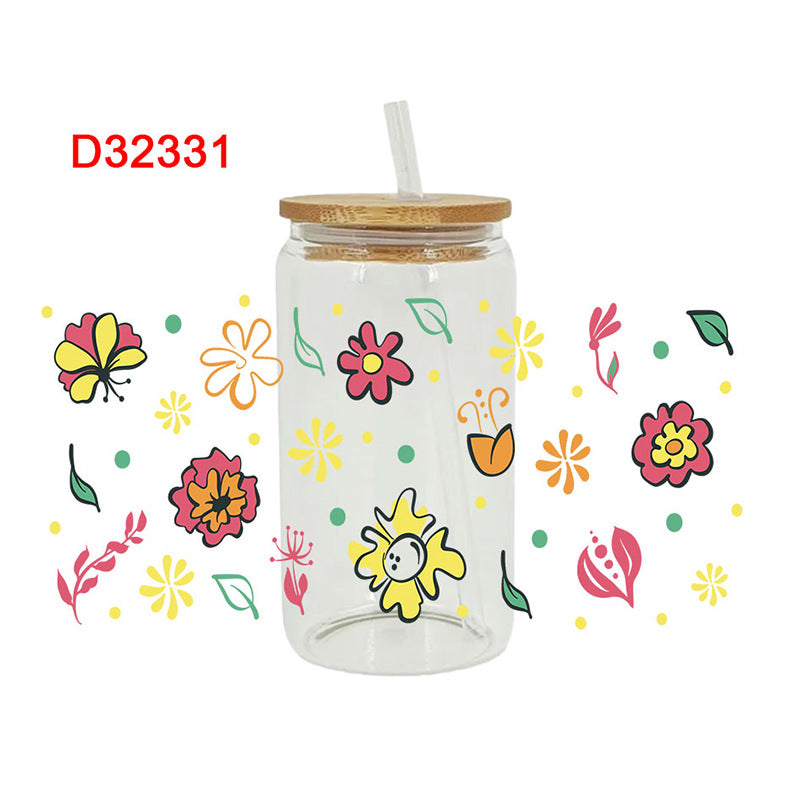 Wholesale Colorful flowers branches and leaves 16oz Cup UV DTF Wraps