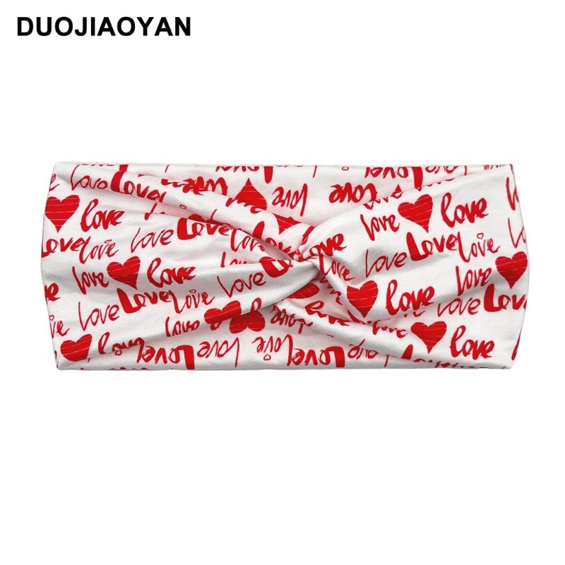 Wholesale Valentine's Day Printed Heart Elastic Cross Hairband
